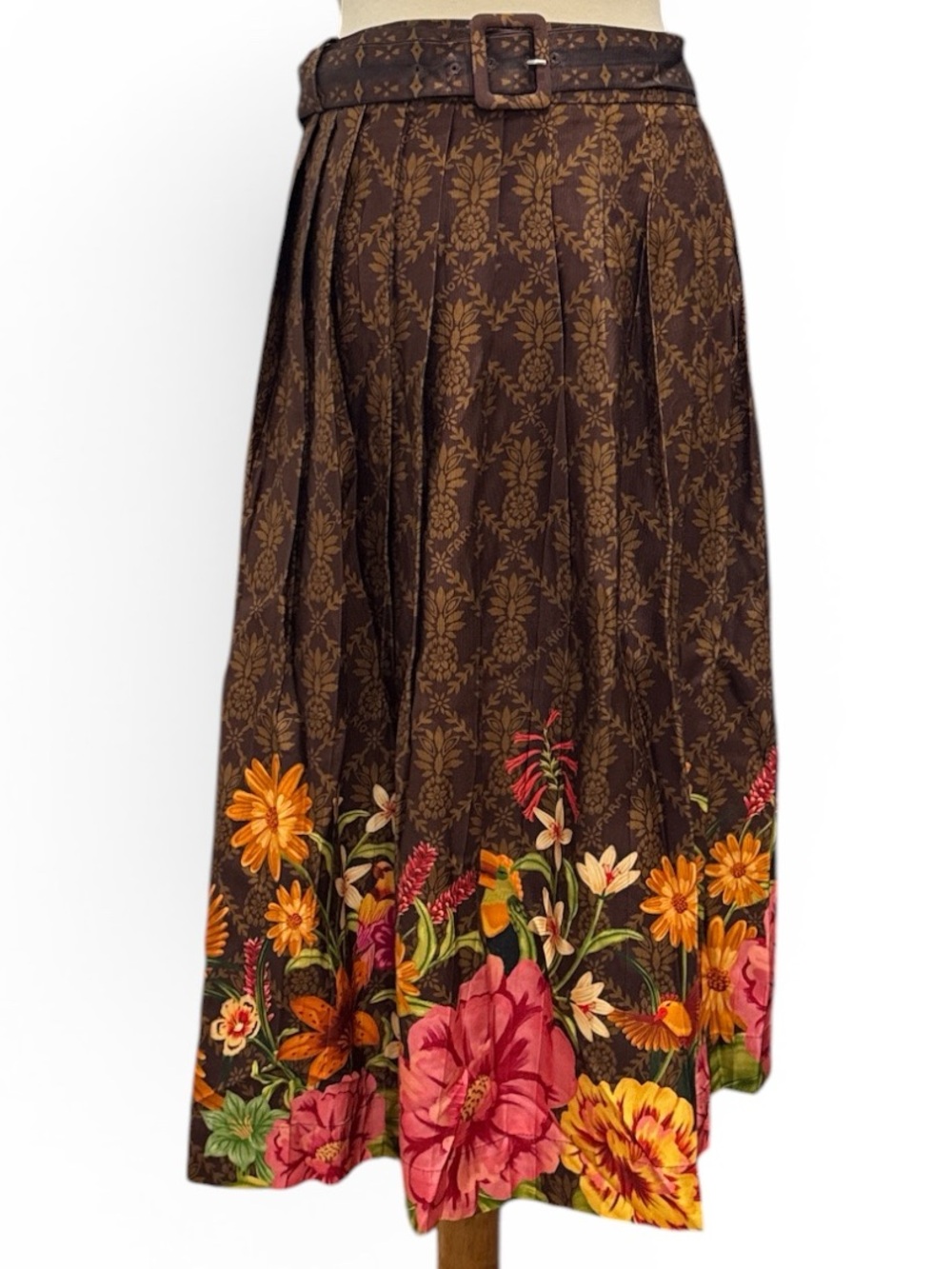 FARM Rio Brown Midi Skirt with Pink & Orange Floral Border #484